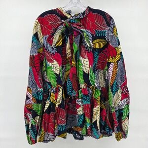 MAE OTTI Bibi African Top XL Tropical Leaf Print Peplum Bow Neck Bright